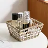 Cesta tejida de cuerda de papel hecha a mano estilo ins, organizador multifuncional para snacks y artículos varios, caja de almacenamiento hueca para cosméticos de escritorio
