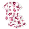 Conjunto de Pijama Cardigan Rosa de Seda Leite Transfronteiriço Europeu e Americano para Mulheres, Shorts de Manga Curta, Roupa de Casa Confortável e Respirável Conjunto Casual