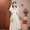 Vestido de Noite Champagne Francês de Alta Qualidade Jantar de Exame de Arte Certificado de Aniversário Noivado Vestido Petite com Manga Bufante