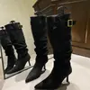 Primeiro encontro com as botas Jimeilade retrô acima do joelho, estilo outono/inverno feminino, design de fivela de cinto moderno, botas de tornozelo, saltos agulha