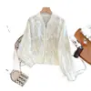 Chaqueta corta de moda estilo coreano para mujeres petite, con capucha, encaje bordado blanco, protección solar, corte holgado, top moderno