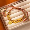 Nova Pulseira Enrolada Estilo Chinês, Pulseira Tecida à Mão, Pulseira Vermelha de Alto Padrão Estilo Antigo com Pingente Redondo Dourado Areia Deus da Riqueza