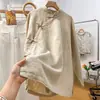 Nueva camisa cheongsam modificada de inspiración Zen china para mujer, estilo chino vintage otoño 2025, tapeta diagonal con cierre de botón, corte holgado, top de cuello alto