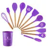 Juego de 12 Piezas de Utensilios de Cocina de Silicona, Juego de Nylon, Cubo de Almacenamiento, Mango de Madera, Espátula de Silicona, Cuchara para Cocinar, Sartén Antiadherente