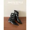 Botas retro de tacón grueso, botines elegantes plisados, botines de mujer con hebilla de cinturón, nuevo diseño versátil, punta fina, estilo de pierna ancha, modernos y atrevidos