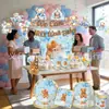 Mantel Fiesta del Oso Decoración de Globos para Baby Shower Platos Desechables Decoraciones Colgantes Espirales Servilletas de Papel Tela de Fondo