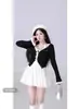 Vestido de Encaje Francés Puro de Talla Grande con Cuello Halter para Mujer en Otoño e Invierno Ligeramente Gordita Dulce Conjunto de Dos Piezas con Cárdigan de Manga Larga