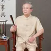 Traje Tang de mediana edad y ancianos para hombre, manga corta de verano, estilo chino Hanfu, ropa de Tai Chi para abuelo, camisa de seda helada, traje holgado