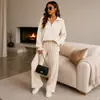 Conjunto de Tricô Estilo Preguiçoso Europeu Outono Inverno para Mulheres Bestseller Transfronteiriço Moletom com Zíper Parcial e Manga Longa Calça Wide Leg Conjunto de Duas Peças