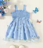 Ropa Infantil Transfronteriza para Niñas Estilo Ins Verano Nuevo Azul Floral Malla Tira Fruncida Vestido de Princesa