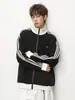Chamarra estilo americano de calle con bloques de color de tres rayas y cuello alto, unisex, colección de otoño, chamarra abierta informal deportiva de moda, corte holgado, adecuada para parejas