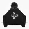 Y2K Ropa exterior de comercio exterior europeo y americano de manga larga con cuello de pelo, jersey con estampado de cruz, sudadera con capucha perforada, corte holgado