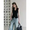 Colete Polo Sem Mangas de Tricô Fino Alta Elasticidade Feminino Verão Slim Sexy Camisola Base