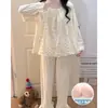 Pijama de Algodón Nube para Mujer, Primavera y Otoño, con Almohadillas para Sujetador Integradas, Dulce y Fresco, Conjunto de Ropa de Casa de Manga Larga con Encaje, Se Puede Usar al Aire Libre