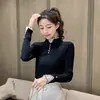 Suéter de cuello semi-alto para mujer, capa base ajustada, manga larga, top de punto de encaje de dos piezas simulado para primavera, otoño e invierno