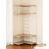 Guarda-Roupa de Canto em L, Cabideiro Estilo Madeira Natural para Closet, Cabideiro de Chão Aberto para Quarto, Prateleira de Canto de Chão