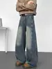 Jeans retro americano de bainha curva para homens, calças casuais lavadas trendy cleanfit para primavera e outono, calças retas de perna larga