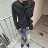 Camiseta de manga larga para hombre, estilo americano, corte limpio, rayas negras y grises, estampado de espinas de otoño, corte cuadrado, corta, ancha, capa interior, hombro normal