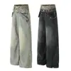 Jia Yi Ku Marca da Moda 2026 Novo Estilo Europeu e Americano High Street Estampa de Leopardo Patchwork Calça Jeans Falsa de Duas Peças Wide-Leg para Homens e Mulheres