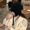 Sombrero Mismo Estilo de Yu Shuxin para Mujer en Otoño e Invierno, Versátil para Circunferencia de Cabeza Grande, Sombrero de Felpa Negro con Borde Rizado, Gorro Pequeño Baotou Frío que Muestra la Cara