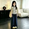 Conjunto Casual de Verão para Meninas de Idade Média e Grandes Top Listrado Estiloso de Manga Curta Calça de Perna Larga com Bolinhas Conjunto Versátil de Duas Peças Tendência