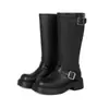 Botas altas versátiles de punta redonda para otoño e invierno, botas de mujer negras transfronterizas de talla grande, botas de moda con suela gruesa antideslizante, sin cordones y tacón medio para mujer