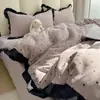 Conjunto de lençol de algodão lavado com bolinhas rosa estilo Hepburn, conjunto de quatro peças, conjunto de capa de edredom com renda, conjunto de cama de três peças
