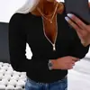 2025 Estación Independiente de Exportación Transfronteriza Europea y Americana Otoño e Invierno Nuevos Tops Camiseta de Manga Larga a la Moda con Cremallera y Cuello en V para Mujer