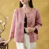 Nueva chaqueta Tang de estilo chino, jacquard de satén, cuello redondo, elegante, abotonada, corte holgado, manga de tres cuartos, top estampado para mujer