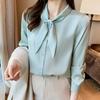 Camisa Branca com Laço Feminina Manga Longa Primavera & Outono Cetim Profissional Formal Roupa de Trabalho Top com Design de Nicho