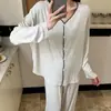 Pijama de Rayón para Mujer Primavera y Otoño Delgado Simple Cárdigan Manga Larga Pantalón Largo Conjunto Holgado para Estar en Casa y al Aire Libre