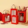Bolsa Tote Vermelha Festiva de Ano Novo com Janela, Bolsa de Papel com Janela Transparente para Presente de Flores, Bolsa Tote de Papel para Presente de Lembrança