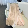 Falda de gasa brillante para mujer, plisada, de cintura alta, corte holgado, longitud media, elegante, versátil falda de línea A para primavera-verano