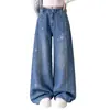 Pantalones vaqueros curvos para niña 2026 nuevo estilo de otoño, pantalones anchos estampados de estrellas para niños medianos y grandes, pantalones largos de retazos, casual