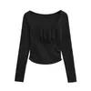 Camiseta Elegante Slim-Fit Franzida de Manga Longa Outono Nova Moda Versátil Camisa Básica Gola Quadrada Top Puro Desejo
