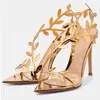 Sandalias de Tacón Alto Dropshipping del Fabricante, Sandalias de Tacón Alto con Ramas Doradas y Hoja de Jade, Sandalias Doradas de Tacón Alto de Punta Fina Antideslizantes
