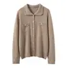 Cardigan de Punto Retro con Cuello Polo de Siete Puntos Tejido a Mano 35% Cachemir 75% Lana Color Sólido con Botones