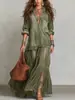 2026 Estilo Europeu e Americano Site Independente Transfronteiriço Vestido Longo Feminino Retro com Gola Reversível em Falso Jeans com Bolso Casual