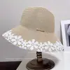 Elegante Sombrero de Pescador de Paja con Adorno de Encaje para Mujer, Transpirable de Ala Ancha para Proteger del Sol en Verano, Sombrero tipo Cubo para Vacaciones y Playa