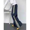 Pantalones de chándal grises de estilo americano con estampado de rayas y retazos, sueltos y fluidos, para hombre, de verano, corte recto y holgado, marca moderna, pantalones casuales deportivos