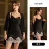 Conjunto Elegante e Sexy de Camisola de Cetim com Renda Patchwork Costas Cruzadas e Robe para Mulheres - Loungewear 3402