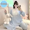 Pijama de estilo delicado para mulheres, outono, laço de renda com bojo fixo, mangas compridas, calças compridas, conjunto solto para casa