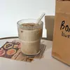 Vaso de Vidrio con Popote, Taza de Café Rayada Verticalmente con Tapa, Vaso de Agua de Bambú para Leche Doméstico, Vaso para Jugo, Vaso para Beber
