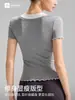 Top de Yoga Falso Duas Peças Color Block para Mulheres com Bordas Franzidas, Camiseta Esportiva Slim Fit para Corrida e Academia, Manga Curta