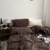 Conjunto de cuatro piezas de algodón puro tejido a rayas de café estilo blogger de Instagram, sábanas, fundas de edredón, ropa de cama de algodón lavado