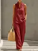 Conjunto de Duas Peças Novo para Primavera/Verão 2026: Blusa Solta com Gola Alta e Mangas Morcego e Calça de Perna Larga, Roupa Casual de Linho em Estilo Relaxado