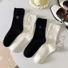 Nuevos calcetines de marca de moda para primavera y verano, diseño de textura hueca, caña alta, blanco y negro, encaje pequeño, estampado en caliente de letras, casual, universitario
