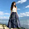 Falda de Estilo Étnico Algodón Lino Pintura a Tinta Bordada Falda de Tres Capas con Gran Vuelo Falda Étnica de Flores Grandes para Mujer