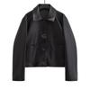 Chaqueta Corta de Poliuretano Negra Lavada para Mujer Otoño e Invierno con Bolsillos Grandes y Solapa, Chaqueta de Cuero de Un Solo Botón Estilo Europeo y Americano