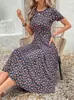 Vestido Floral Nuevo Estilo Europeo y Americano para Mujer 2026, de Manga Corta, con Cintura Definida, Corte en A, Vestido Elegante Francés de Longitud Media Estampado